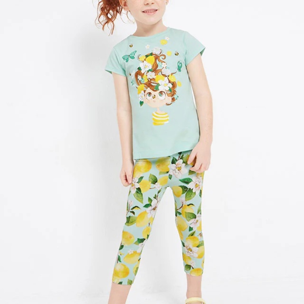 Size 8 Girls Mayoral Mint Green Pajama Set with Yellow Lemon Leggings